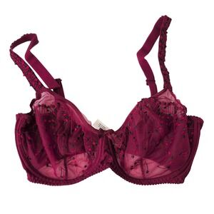 PrimaDonna Burgundy Floral Embroidered Sheer Mesh No-Wire Bra 34F US UK 75F EU